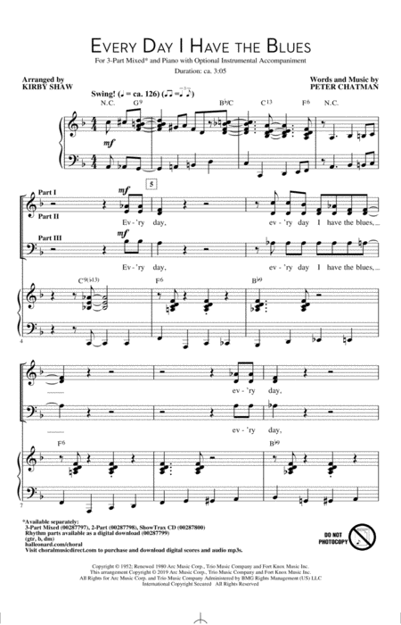 Free Sheet Music Every Day I Have The Blues Arr Kirby Shaw