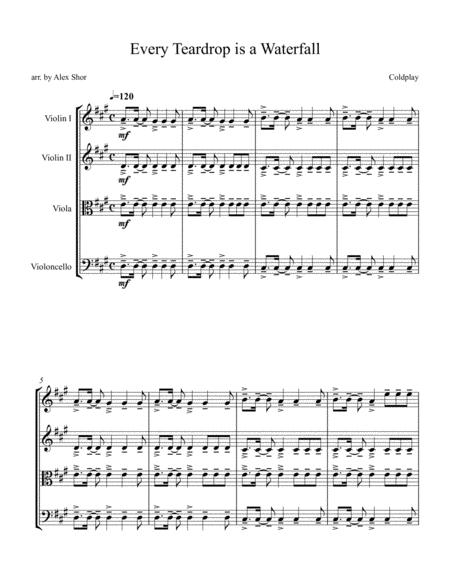 Free Sheet Music Every Teardrop Is A Waterfall For String Quartet