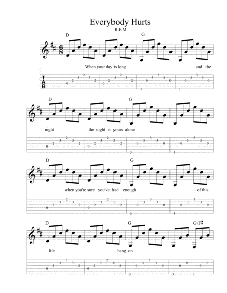 Free Sheet Music Everybody Hurts Easy Guitar