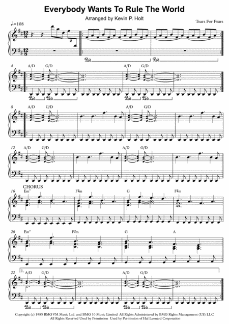 Free Sheet Music Everybody Wants To Rule The World Tears For Fears