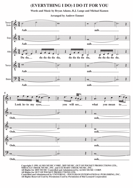 Free Sheet Music Everything I Do I Do It For You A Cappella Ts