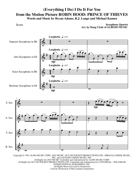 Free Sheet Music Everything I Do I Do It For You From The Motion Picture Robin Hood Prince Of Thieves For Saxophone Quartet