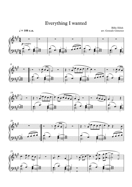 Everything I Wanted Billie Eilish Solo Piano Intermediate Level Sheet Music