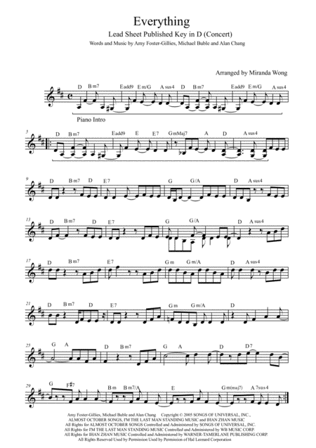 Everything Lead Sheet In Published D Key Micheal Buble Key Sheet Music