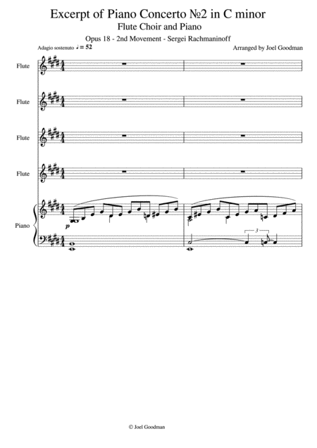 Excerpt Of Rachmaninoff Piano Concerto 2 In C Minor 2nd Movement Opening Flute Choir And Piano Sheet Music