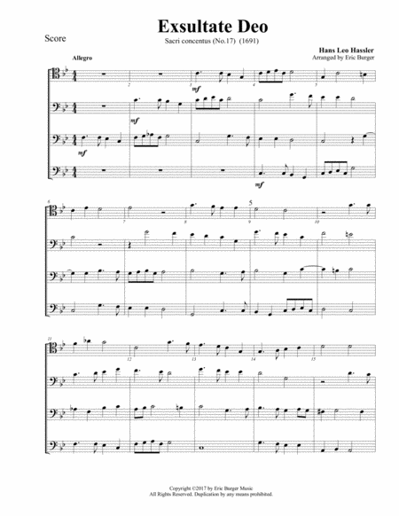 Free Sheet Music Exsultate Deo For Trombone Or Low Brass Quartet