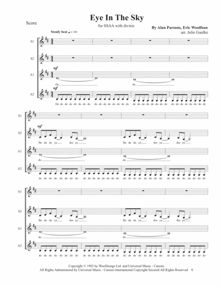 Eye In The Sky For Ssaa A Cappella Octet Sheet Music