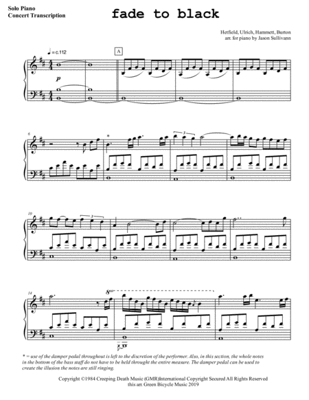 Fade To Black By Metallica Concert Piano Transcription Sheet Music