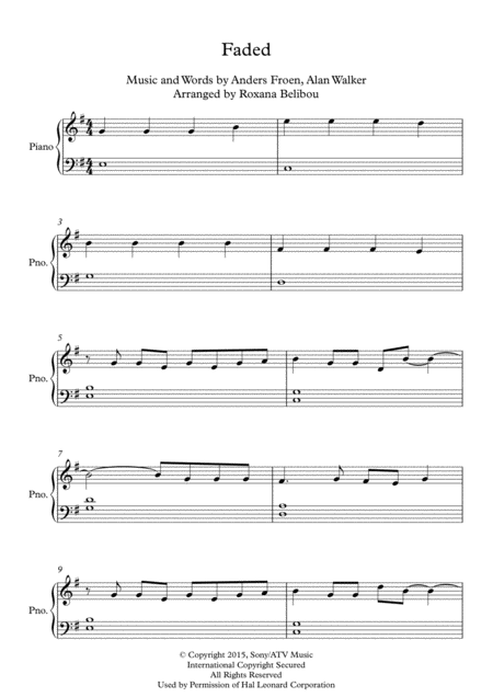 Free Sheet Music Faded By Alan Walker Easy Piano