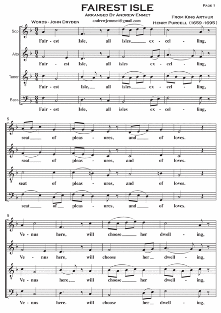 Free Sheet Music Fairest Isle Satb A Cappella