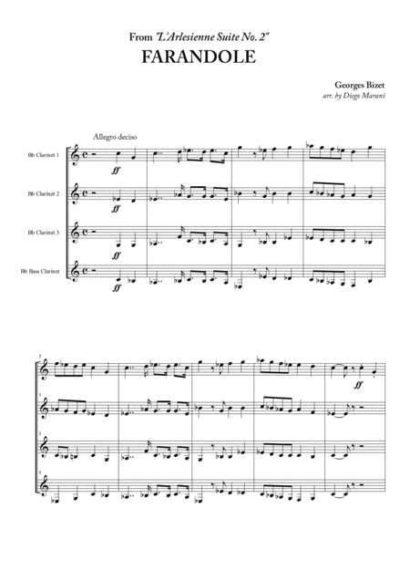 Free Sheet Music Farandole From L Arlesienne Suite No 2 For Clarinet Quartet