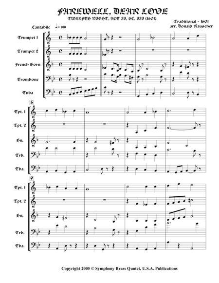 Farewell Dear Love From Shakespearean Music For Brass Quintet Sheet Music