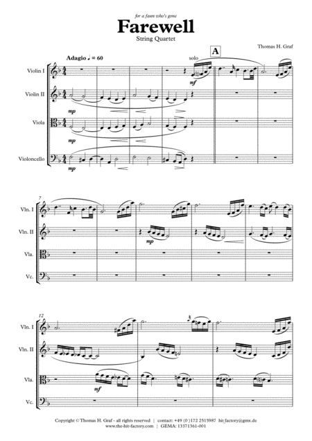 Farewell Sad Ballad String Quartet Sheet Music