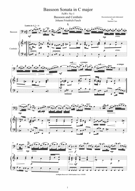 Fasch Bassoon Sonata In C Major Fawv Nc 1 For Bassoon And Cembalo Or Piano Sheet Music