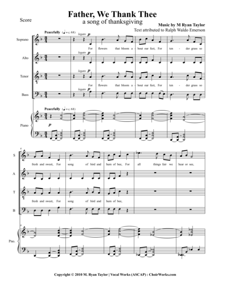 Free Sheet Music Father We Thank Thee Satb And Piano