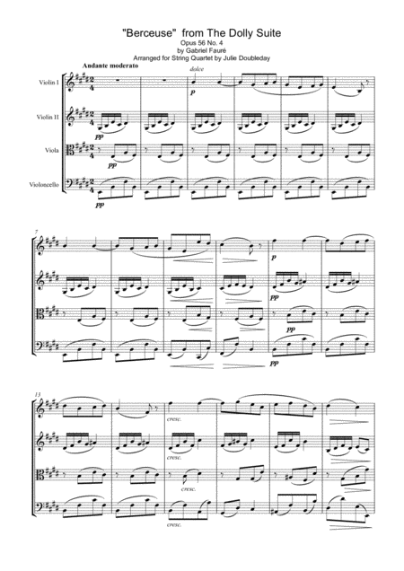 Faure Berceuse From The Dolly Suite Opus 56 No 4 For String Quartet Score And Parts Sheet Music