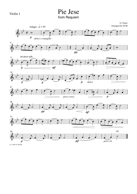 Free Sheet Music Faure Pie Jese From Requiem For String Quartet Cf105