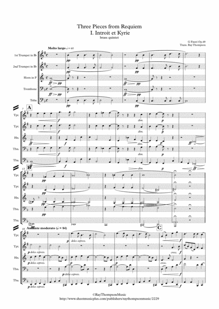 Faure Requiem Op 48 A Selection Of 3 Pieces I Introit Et Kyrie Iv Pie Jesu Vi Libera Me Brass Quintet Sheet Music