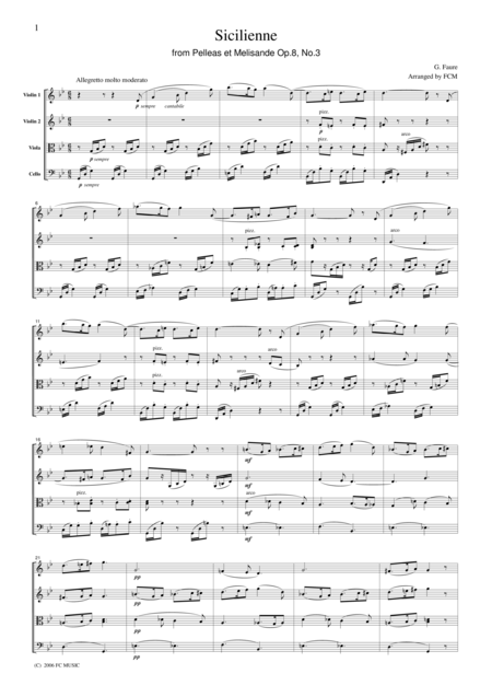 Faure Sicilienne From Pelleas Et Melisande Op 8 No 3 For String Quartet Cf104 Sheet Music