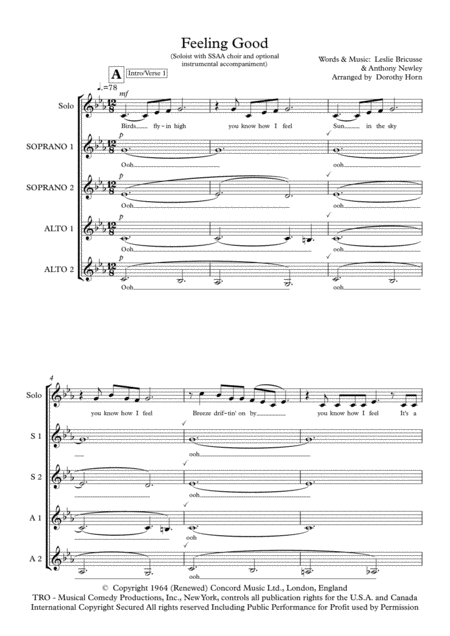 Free Sheet Music Feeling Good Solo Ssaa With Lead Sheet For Optional Accompaniment