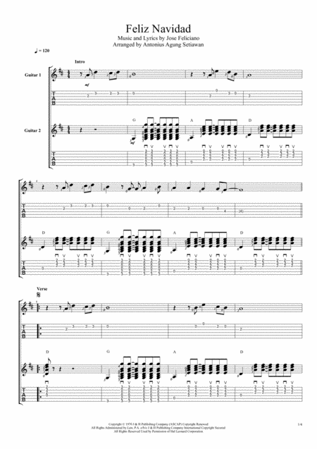 Feliz Navidad Duet Guitar Tablature Sheet Music