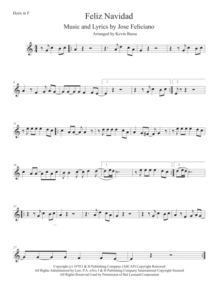 Feliz Navidad Easy Key Of C Horn In F Sheet Music