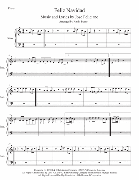 Free Sheet Music Feliz Navidad Easy Key Of C Piano
