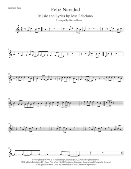 Feliz Navidad Easy Key Of C Soprano Sax Sheet Music