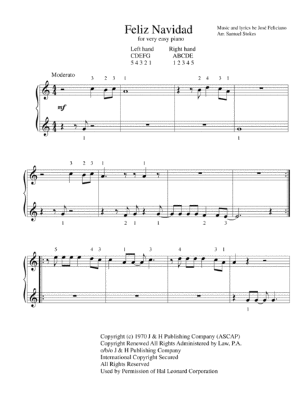 Feliz Navidad For Very Easy Piano Sheet Music