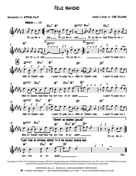 Free Sheet Music Feliz Navidad Jose Feliciano Lead Sheet Key Of Db