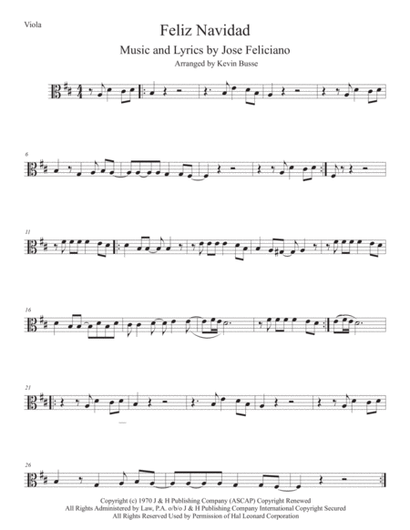 Free Sheet Music Feliz Navidad Original Key Viola