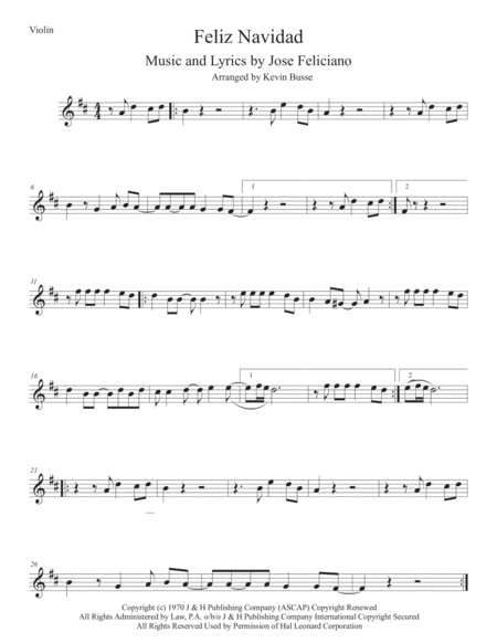 Feliz Navidad Original Key Violin Sheet Music