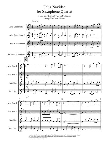 Free Sheet Music Feliz Navidad Saxophone Quartet