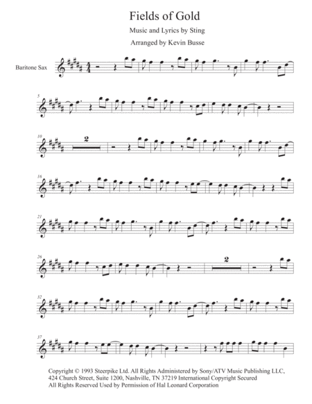 Free Sheet Music Fields Of Gold Original Key Bari Sax