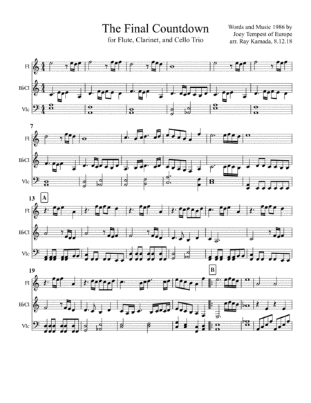 Final Countdown For Flute Clarinet And Cello Sheet Music