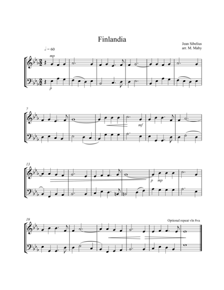 Free Sheet Music Finlandia For Violin Cello Duet