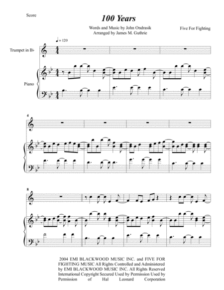 Five For Fighting 100 Years For Trumpet Piano Sheet Music