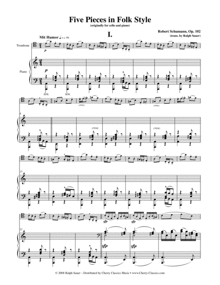 Five Pieces In Folk Style Opus 102 For Trombone Piano Sheet Music