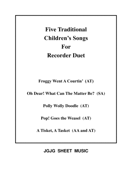 Five Traditional Childrens Songs For Recorder Duet Sheet Music