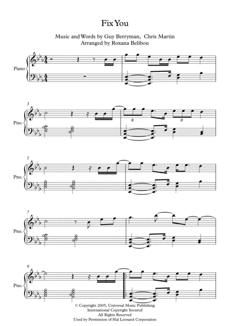 Fix You By Coldplay Piano Sheet Music