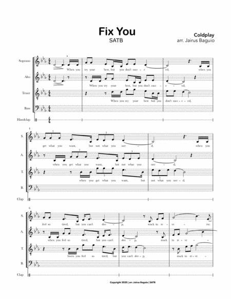 Fix You By Coldplay Satb Mixed Choir A Cappella Sheet Music