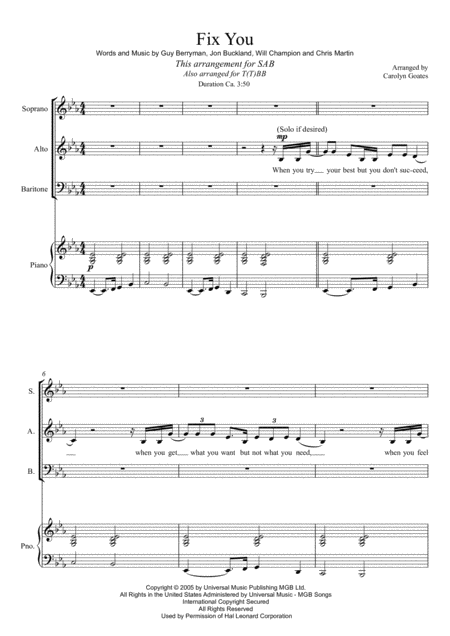 Free Sheet Music Fix You Coldplay For Sab Choir Piano