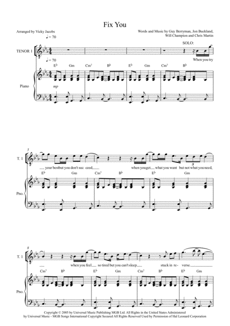 Free Sheet Music Fix You Ttbb