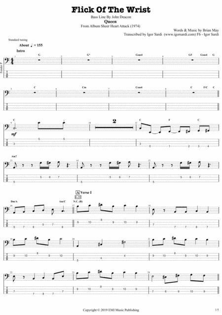 Flick Of The Wrist Queen John Deacon Complete And Accurate Bass Transcription Whit Tab Sheet Music