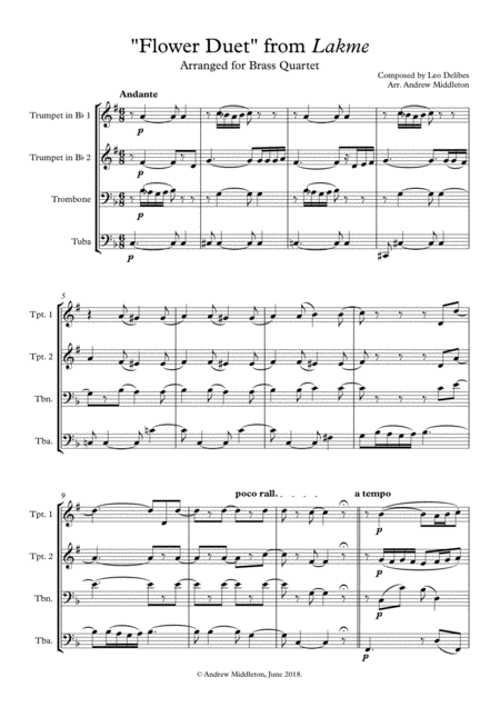 Flower Duet From Lake For Brass Quartet Sheet Music