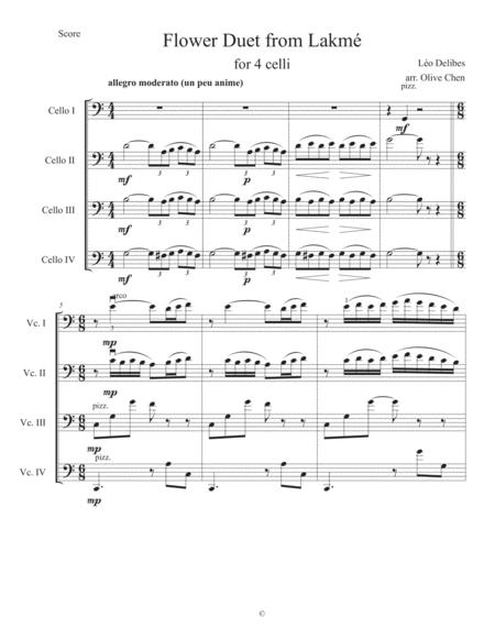 Flower Duet From Lakme For Cello Quartet Sheet Music