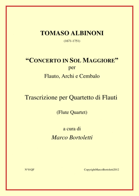 Free Sheet Music Flute Quartet From Concerto In G Major For Flute Strings And Harpsichord By Tomaso Albinoni 1671 1751