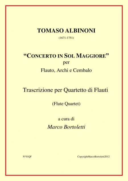 Flute Quartet From Concerto In G Major For Flute Strings And Harpsichord By Tomaso Albinoni 1671 1751 Sheet Music