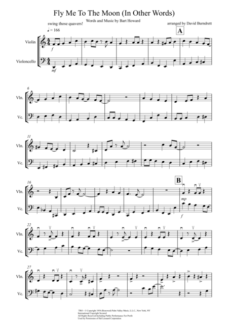 Fly Me To The Moon In Other Words For Violin And Cello Duet Sheet Music