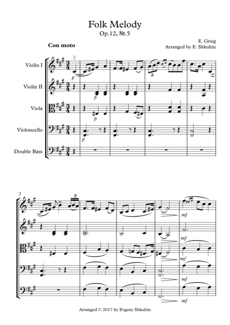 Folk Melody From Lyric Pieces Op 12 5 String Quartet Ensemble Sheet Music